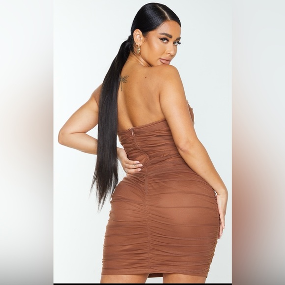 Chocolate Brown Mesh Corset Ruched Bodycon Dress - Picture 2 of 4